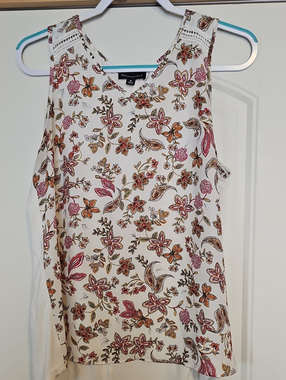 Floral V-Neck Camisole in White with Pink & Orange Accents